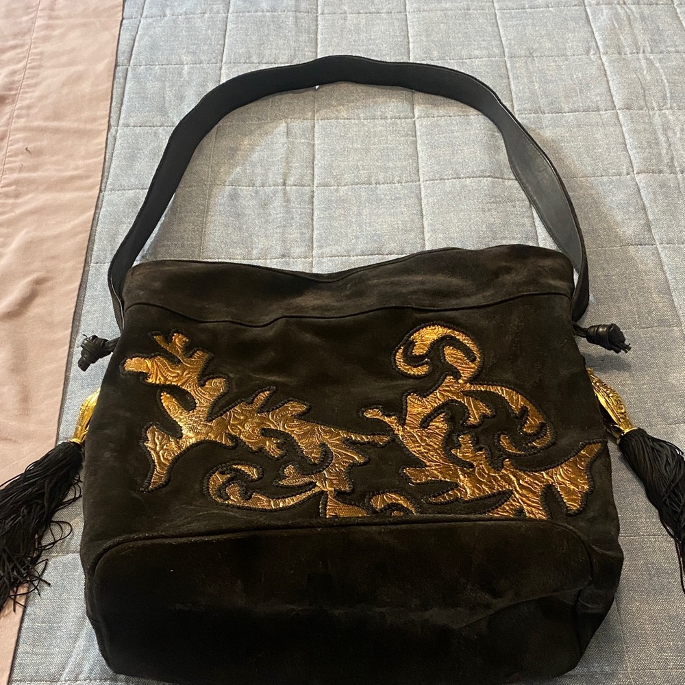 Vintage Black Suede Tote with Gold  Textured Leather Design and ornate tassels